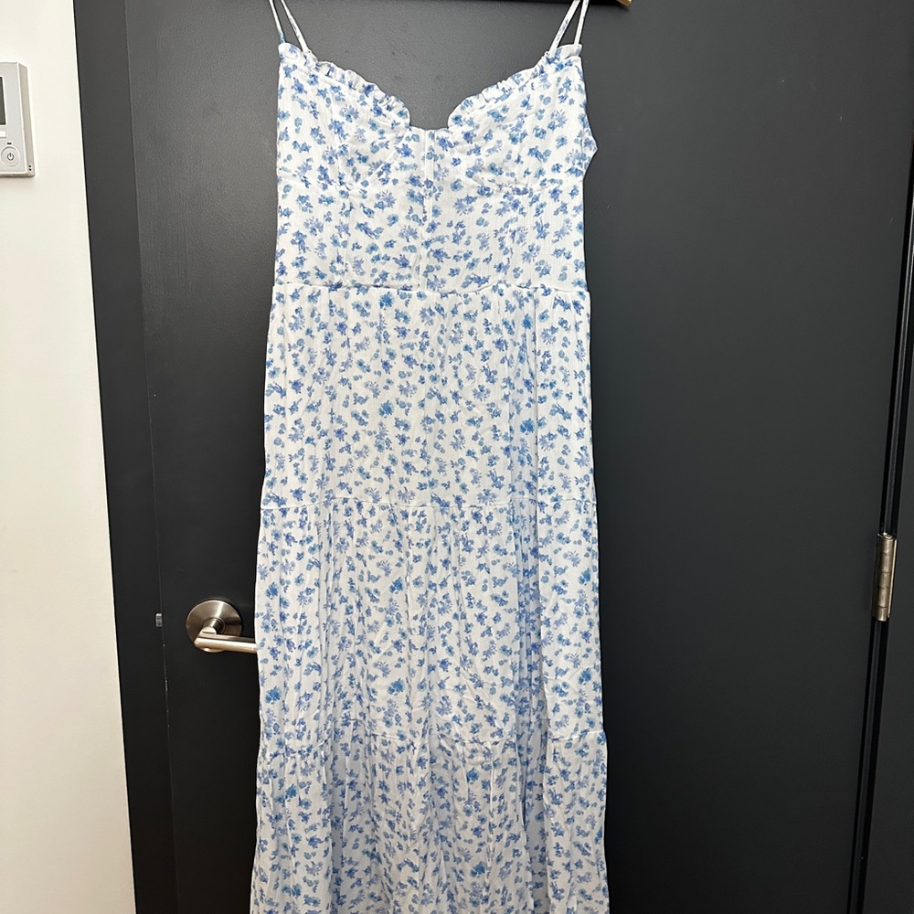 Blue and White Ruffled Tiered Maxi Sundress